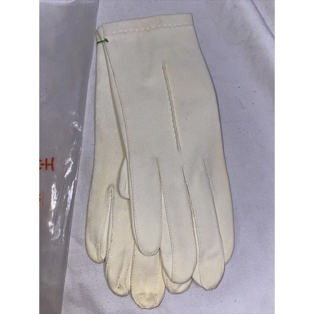 Vintage gloves Miss Aris White 2 stretchy 2A-1342 Floral Leather elegant